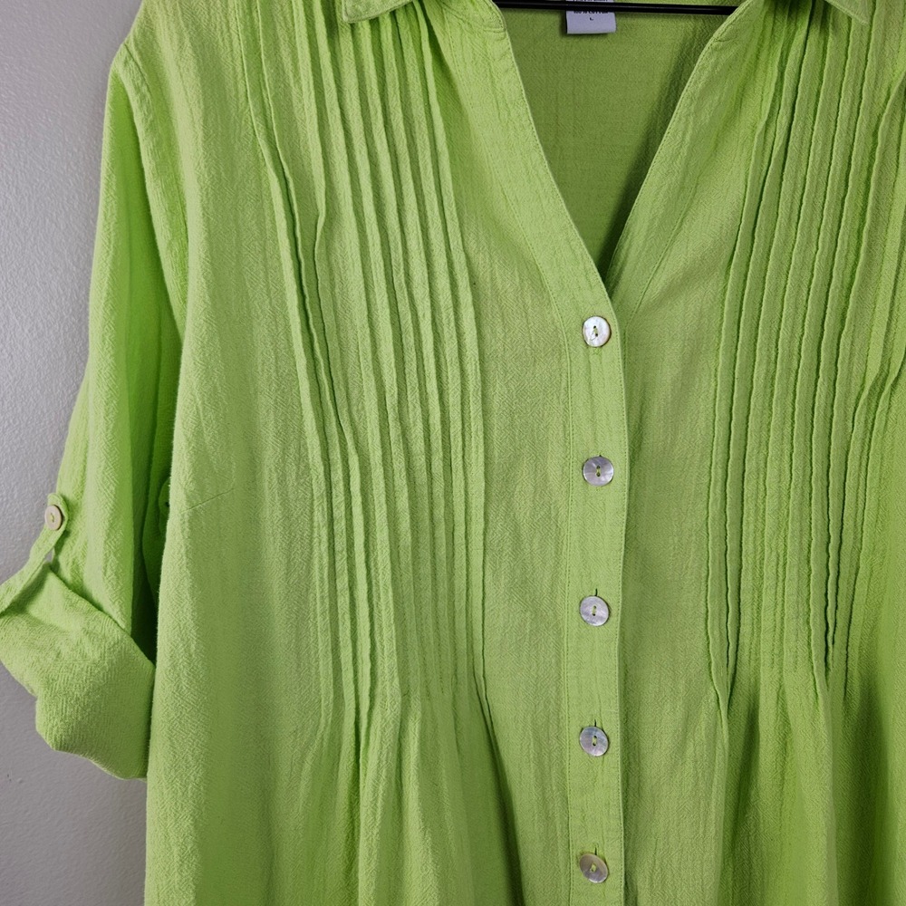 Soft Surroundings Anywhere Pucker Cotton Gauze Pintuck Tunic Top Sz L Lime Green - Picture 2 of 8